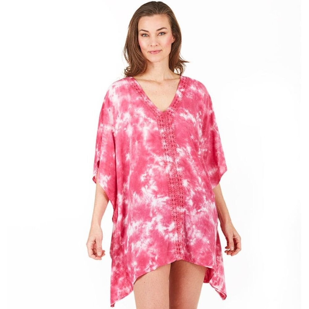 Womens Boho S/M Rayon Linen Beachy Novelty Tie-dye Double-V Kimono Coverup Top